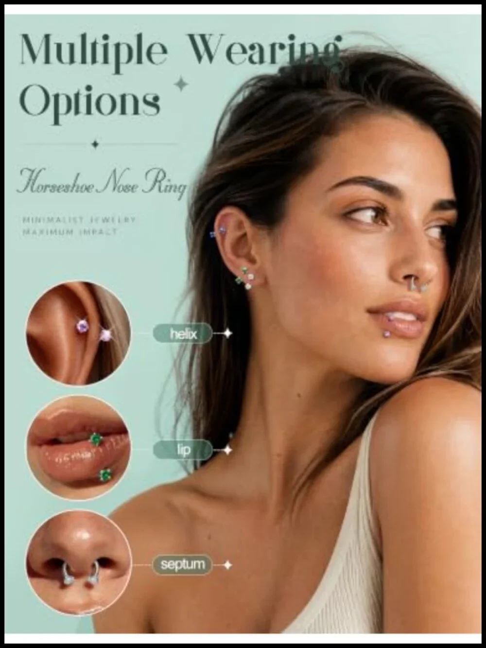 9Pc Horseshoe Nose Ring Set Surgical Steel 20G Septum Hoop Lip Ring CZ